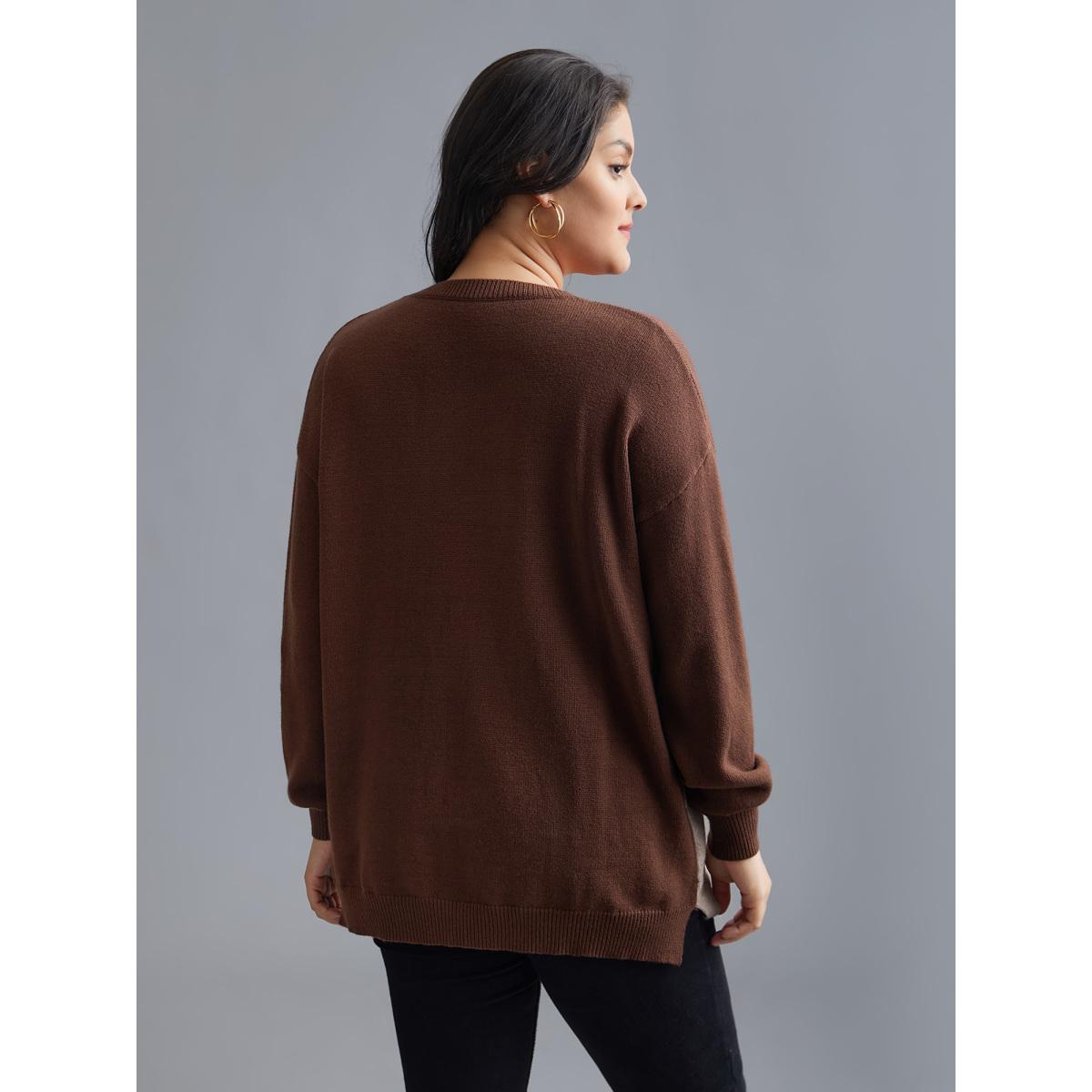 Plus Size Cat Contrast Drop Shoulder Pullover Browncoffeecolor Women Playful Loose Long Sleeve Round Neck Casual Pullovers BloomChic 30/6X Product Image