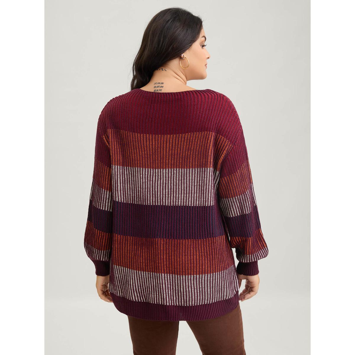 Plus Size Textured Striped Contrast Patchwork Pullover Deepred Women Casual Long Sleeve Round Neck Everyday Pullovers BloomChic 12/L Product Image