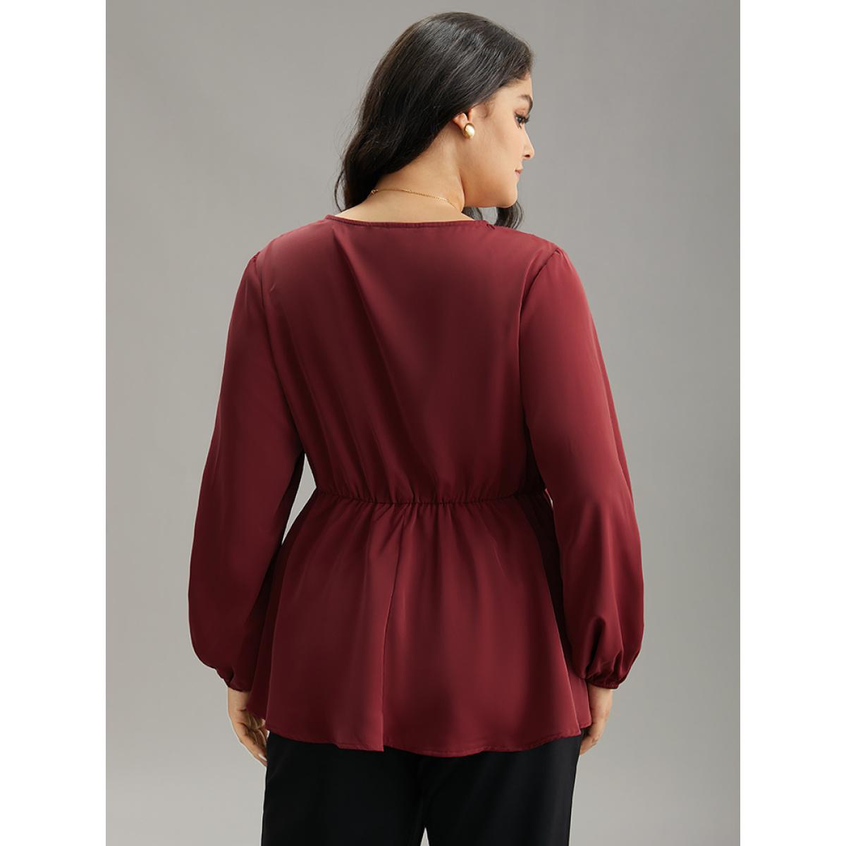 Plus Size Scarlet Static-Free Contrast Lace Lantern Sleeve Blouse Women Office Long Sleeve V-neck Office Blouses BloomChic 30/6X Product Image