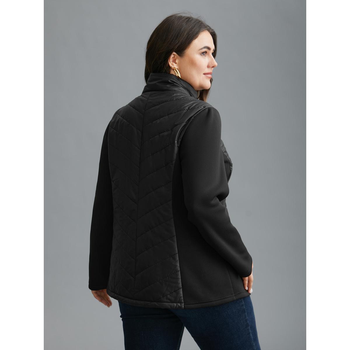 Plus Size Funnel Neck Contrasting Design Zipper Coat Women Black Casual Topstitching Ladies Everyday Winter Coats BloomChic 10/M Product Image