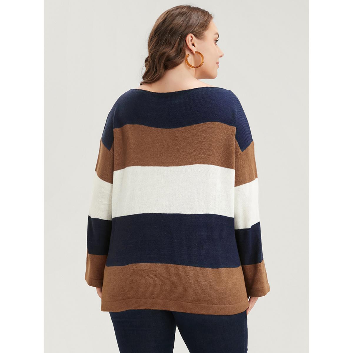 Plus Size Colorblock Contrast Pointelle Knit Eyelet Split Hem Knit Top Midnight Women Casual Loose Long Sleeve Round Neck Dailywear Pullovers BloomChic 18-20/2X Product Image