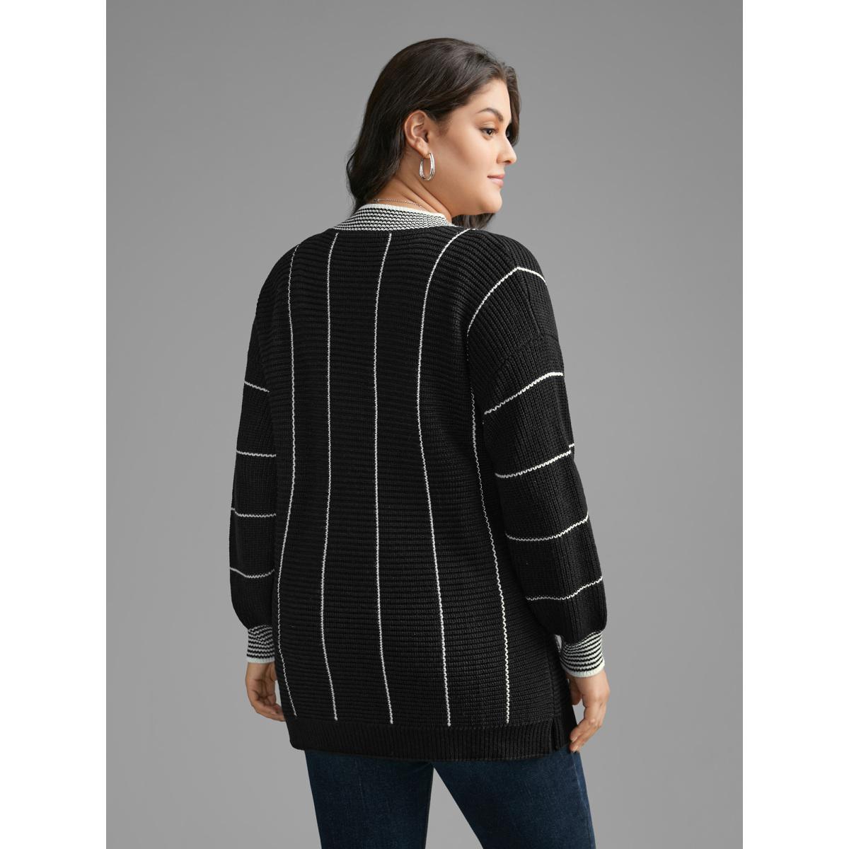 Plus Size Texture Contrast Striped Lantern Sleeve Pullover Black Women Casual Loose Long Sleeve V-neck Everyday Pullovers BloomChic 18-20/2X Product Image