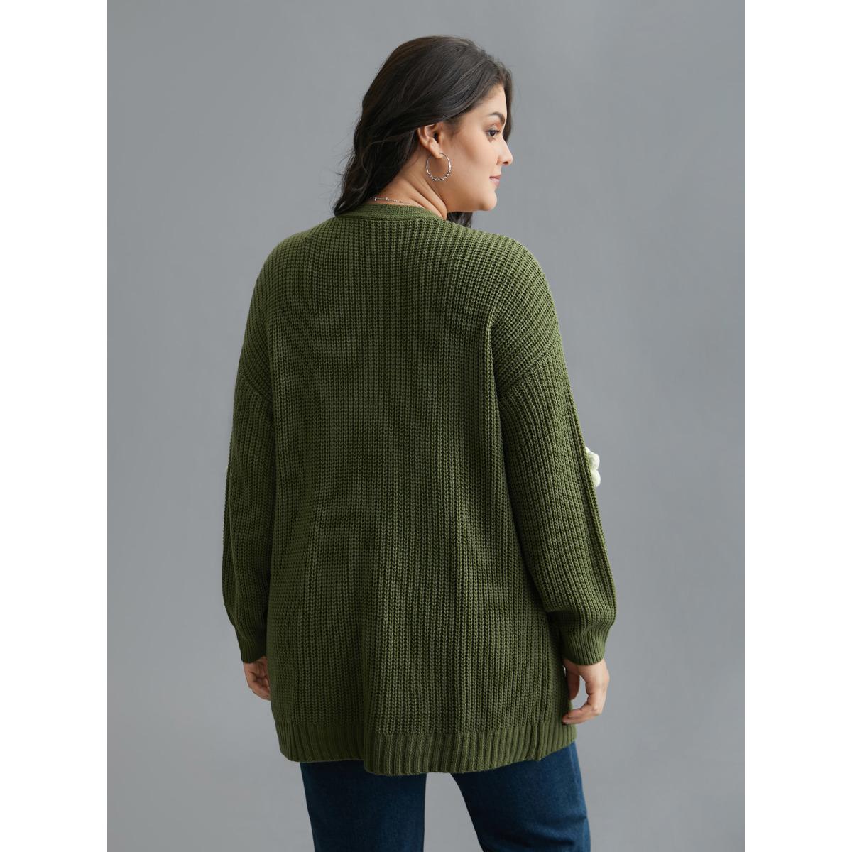 Plus Size Floral Motifs V-Neck Pockets Knit Cardigan Moss Women Casual Loose Long Sleeve Everyday Cardigans BloomChic 28/5X Product Image