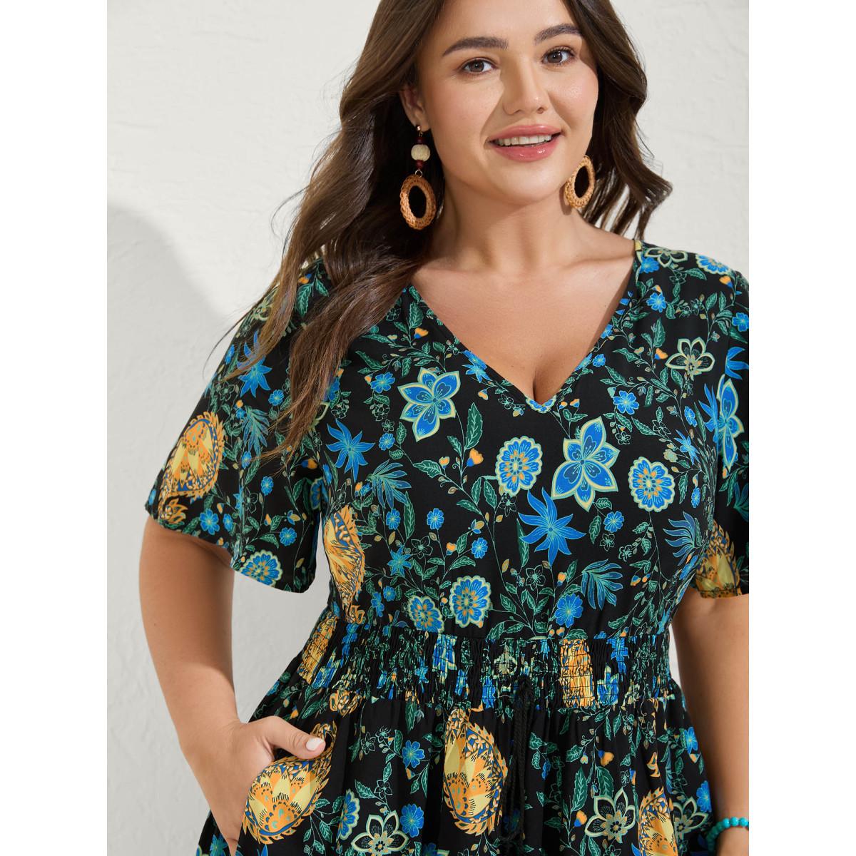 Plus Size Rayon Paisley Print Shirred Midi Dress Black Women Boho V-neck Short sleeve Curvy BloomChic 10/M Product Image