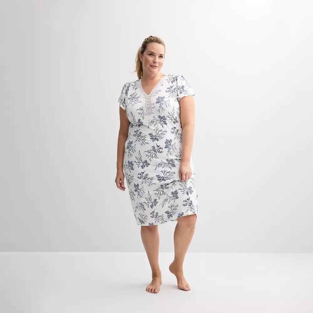 Plus Size Miss Elaine Essentials Micro Velvet Long Nightgown, Women's, Size: 1XL, Ivory Floral Product Image