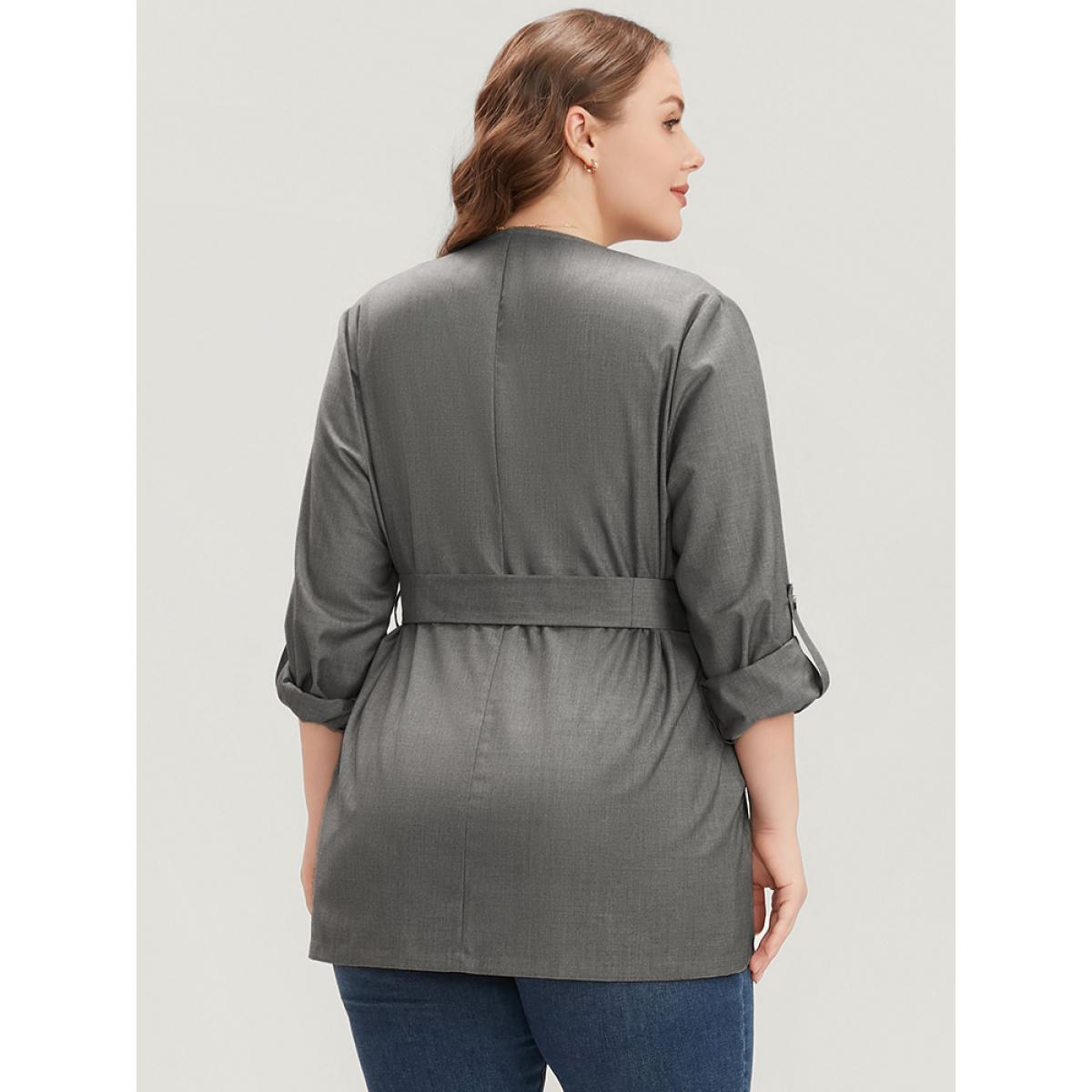Plus Size Plain Lapel Collar Pocket Roll Sleeve Belted Coat Women Gray Office Pocket Ladies Dailywear Winter Coats BloomChic 14-16/1X Product Image