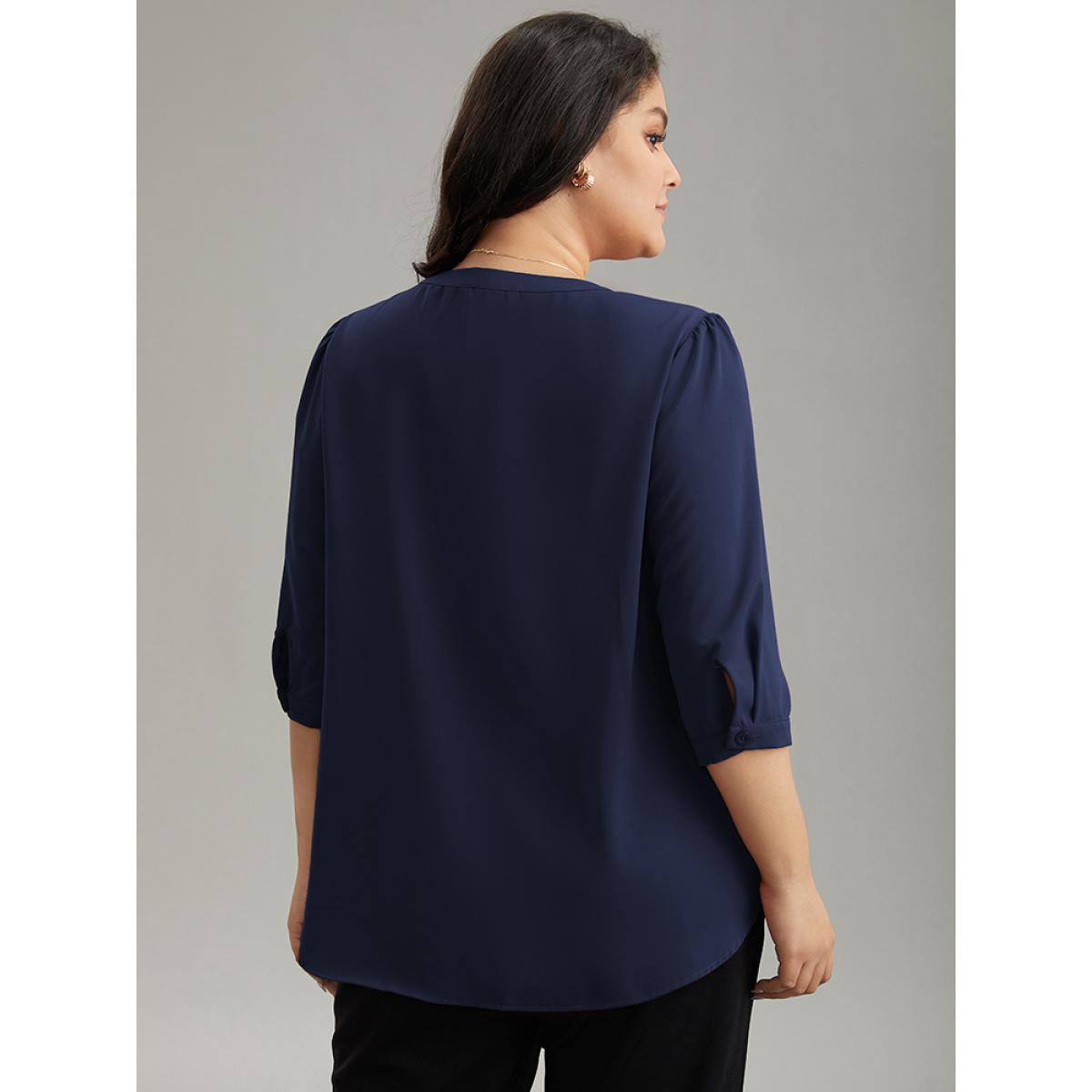 Plus Size DarkBlue Plain Half Zip Gathered Blouse Women Work From Home Elbow-length sleeve V-neck Office Blouses BloomChic 10/M Product Image