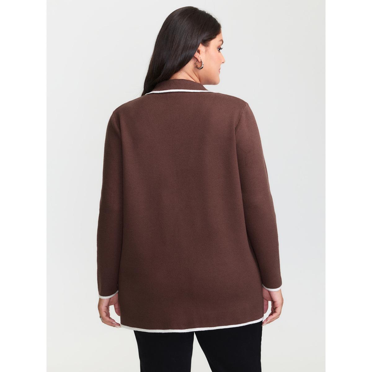 Plus Size Suit Collar Color Contrast Pockets Knit Cardigan Browncoffeecolor Women Loose Long Sleeve Office Cardigans BloomChic 14-16/1X Product Image