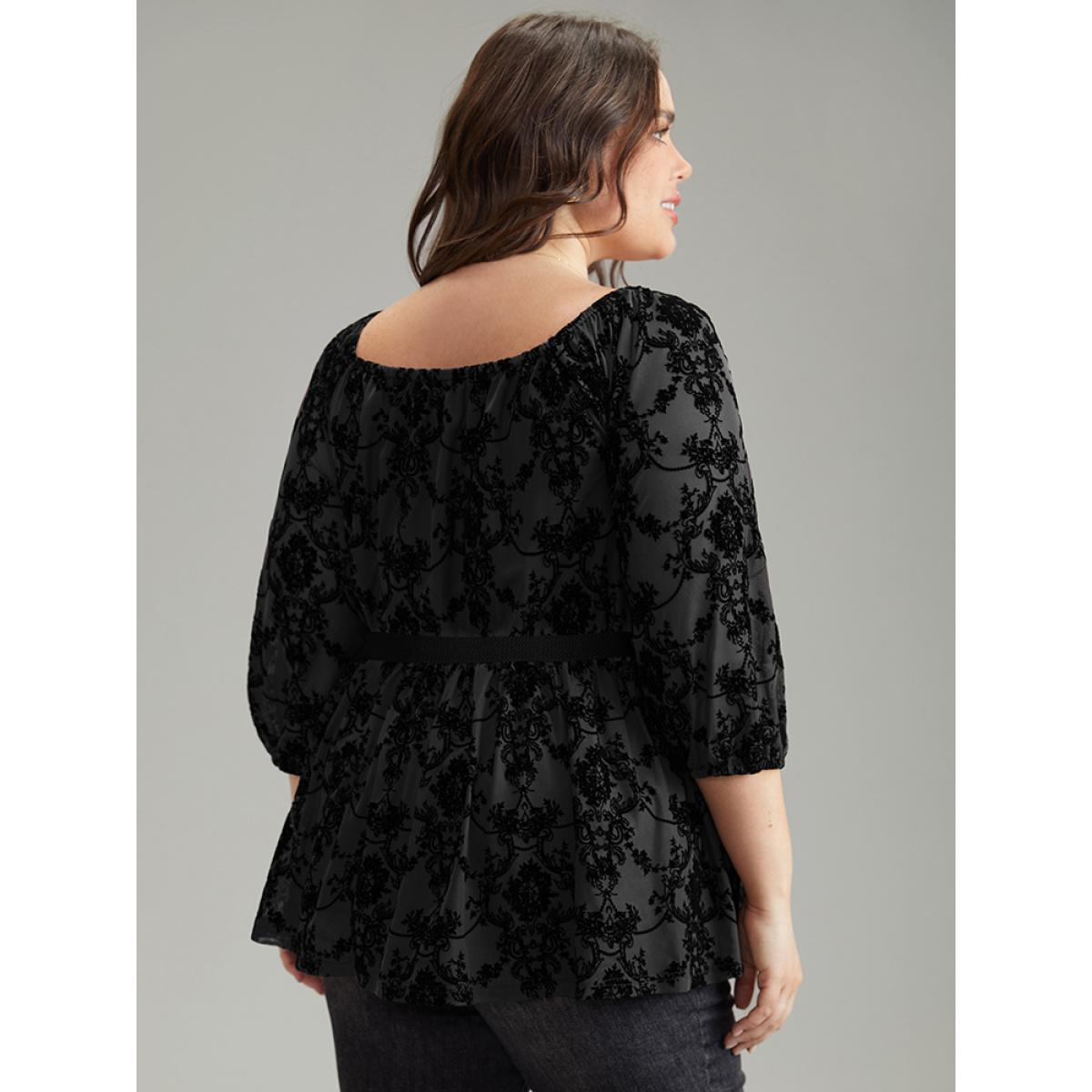 Plus Size Black Silhouette Floral Print Contrast Flocking Square Neck Blouse Women Elegant Elbow-length sleeve Square Neck Everyday Blouses BloomChic 10/M Product Image