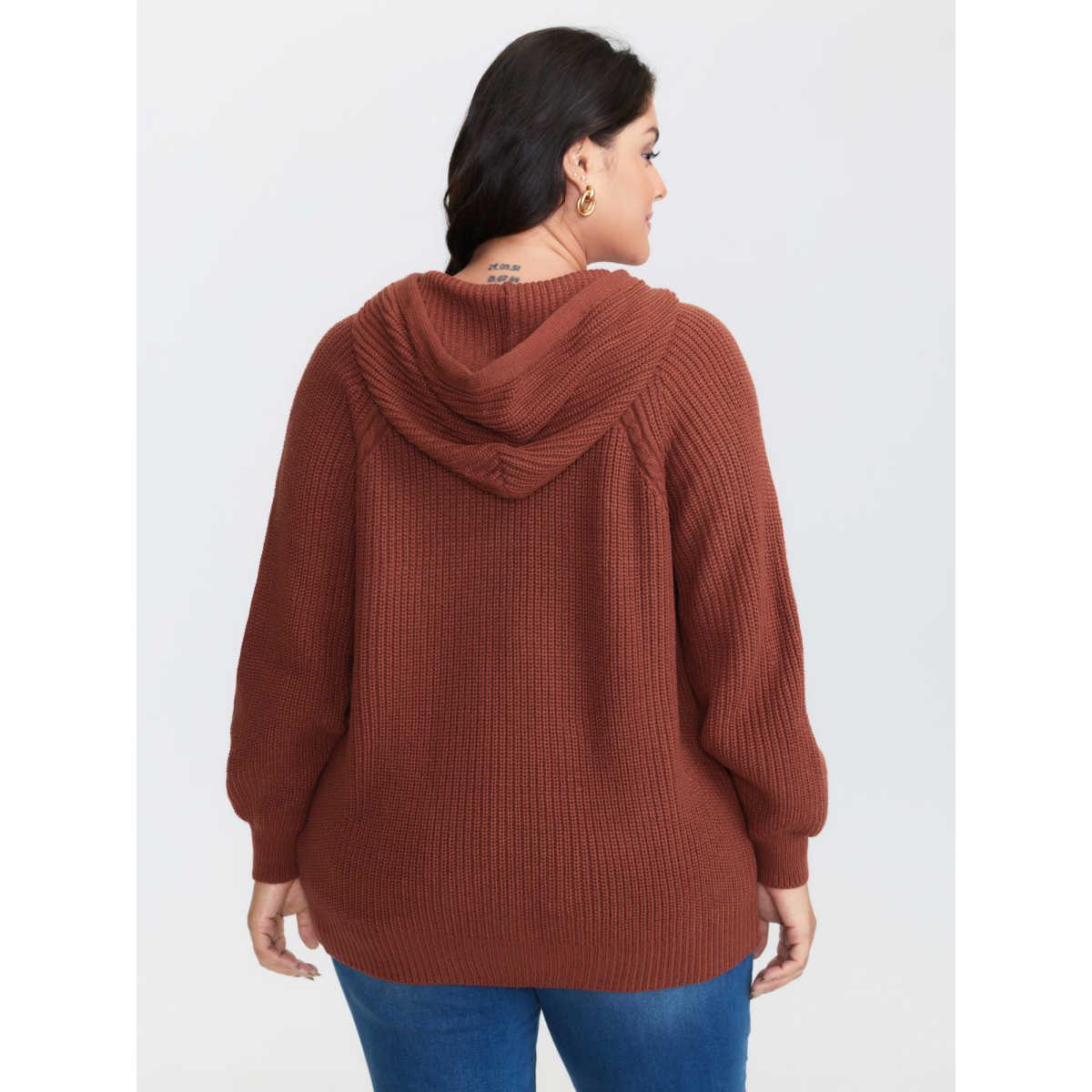 Plus Size Cableknit Raglan Sleeve Hooded Pullover Yellowishbrown Women Playful Loose Long Sleeve Hooded Casual Pullovers BloomChic 30/6X Product Image