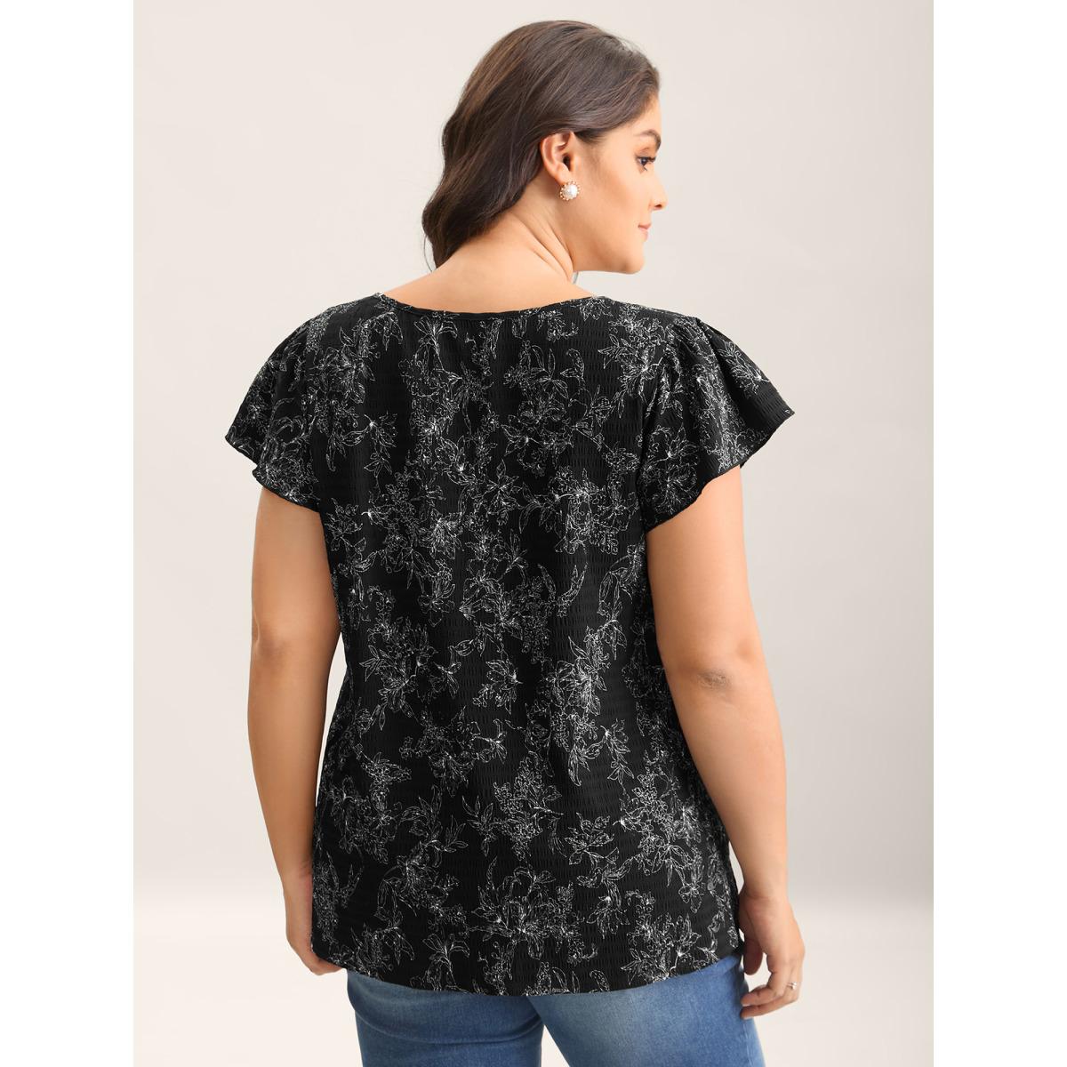 Plus Size Black Silhouette Floral Print Flutter Sleeve Blouse Women Timeless Cap Sleeve Notched collar Elegant Blouses BloomChic 18-20/2X Product Image