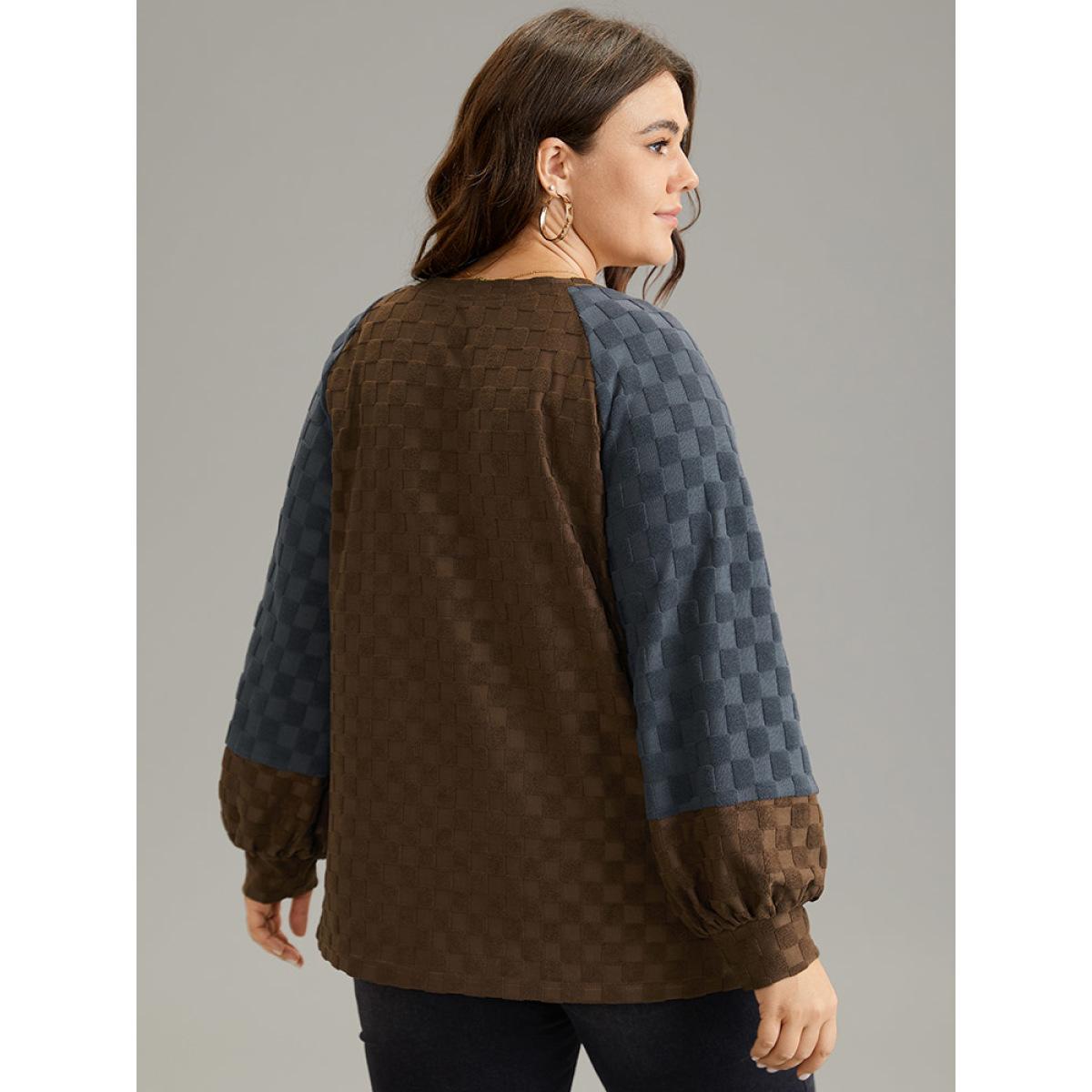 Plus Size Check Two Tone Raglan Sleeve Sweatshirt Women DarkBrown Casual Texture Round Neck Dailywear Sweatshirts BloomChic 22-24/3X Product Image