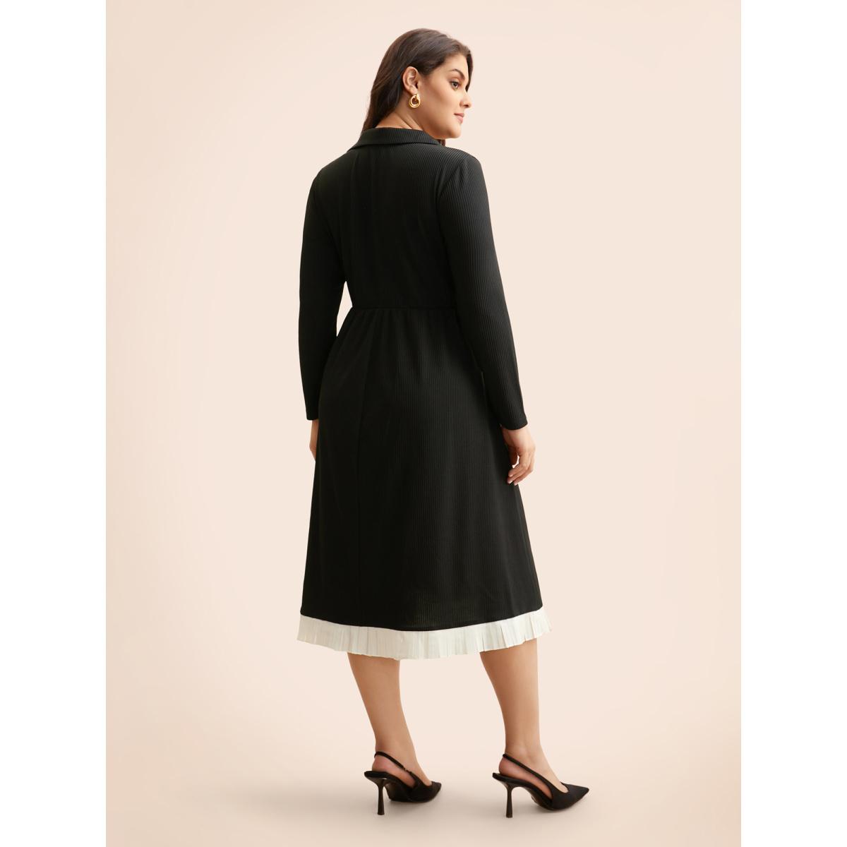 Plus Size Texture Patchwork Pleated Metal Detail Dress Black Women Elegant Texture Shirt collar Long Sleeve Curvy BloomChic 18-20/2X Product Image