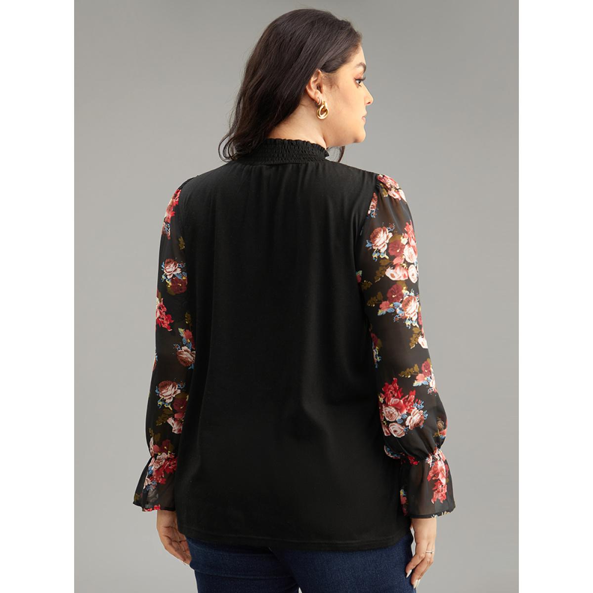 Plus Size Chiffon Floral Patchwork Shirred Mock Neck T-shirt Black Women Casual Elastic cuffs Floral Mock Neck Dailywear T-shirts BloomChic 10/M Product Image