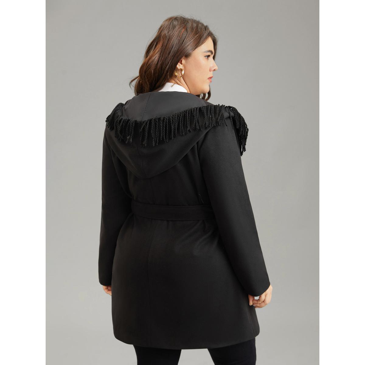 Plus Size Tassels Trim Plain Lapel Collar Belted Coat Women Black Elegant Lined Ladies Dailywear Winter Coats BloomChic 10/M Product Image