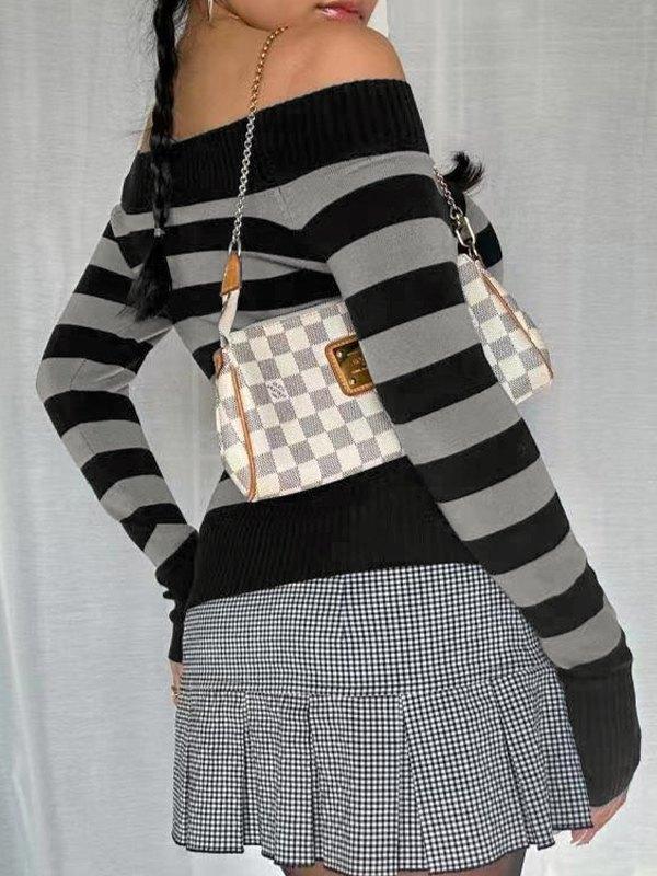 Striped Off Shoulder Knit Top Product Image