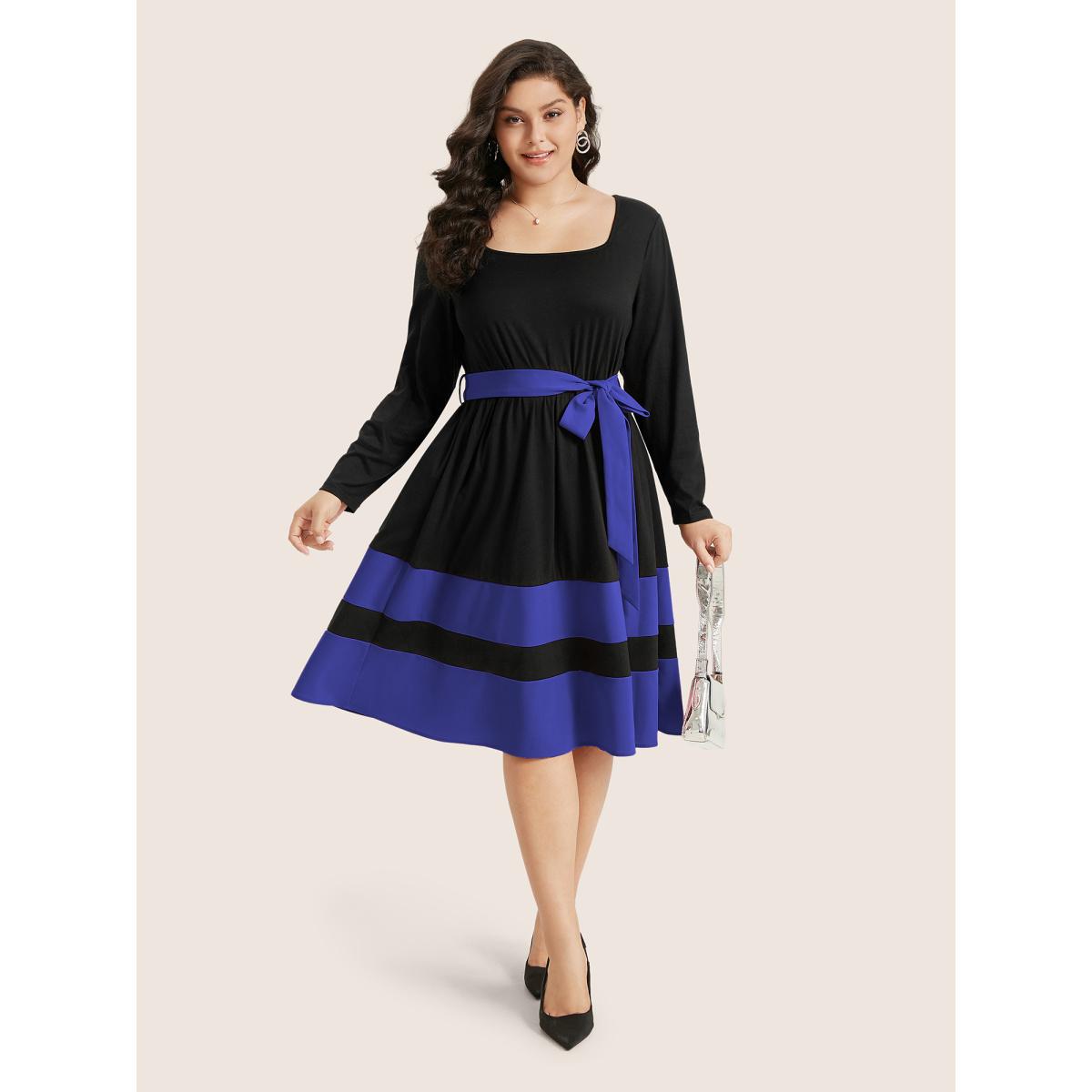 Plus Size Two Tone Belted Bowknot Square Neck Dress Burgundy Women Timeless Non Square Neck Long Sleeve Curvy Knee Dress BloomChic 22-24/3X Product Image