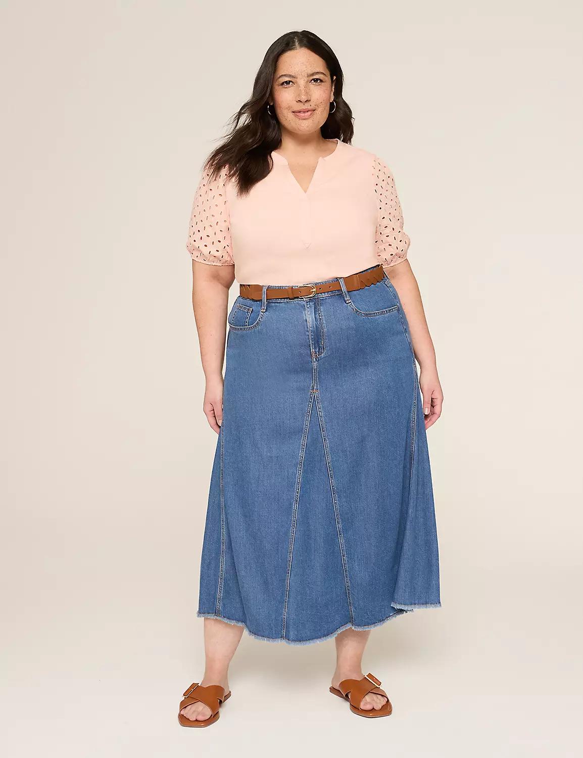 Eyelet-Sleeve Notch-Neck Rib Top Product Image