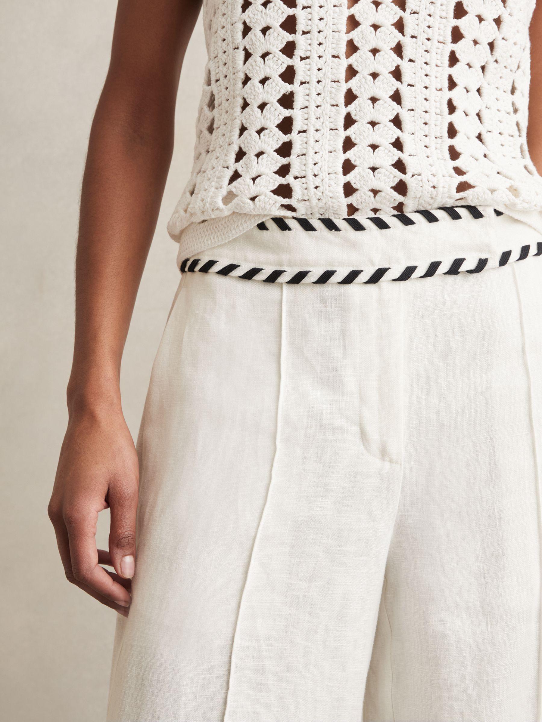 Linen Wide-Leg Whipstitch Trousers in White Product Image