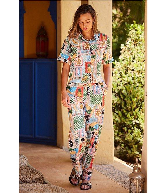 Skies Are Blue Postcard Printed High Waist Wide Leg Elastic Back Pant Product Image