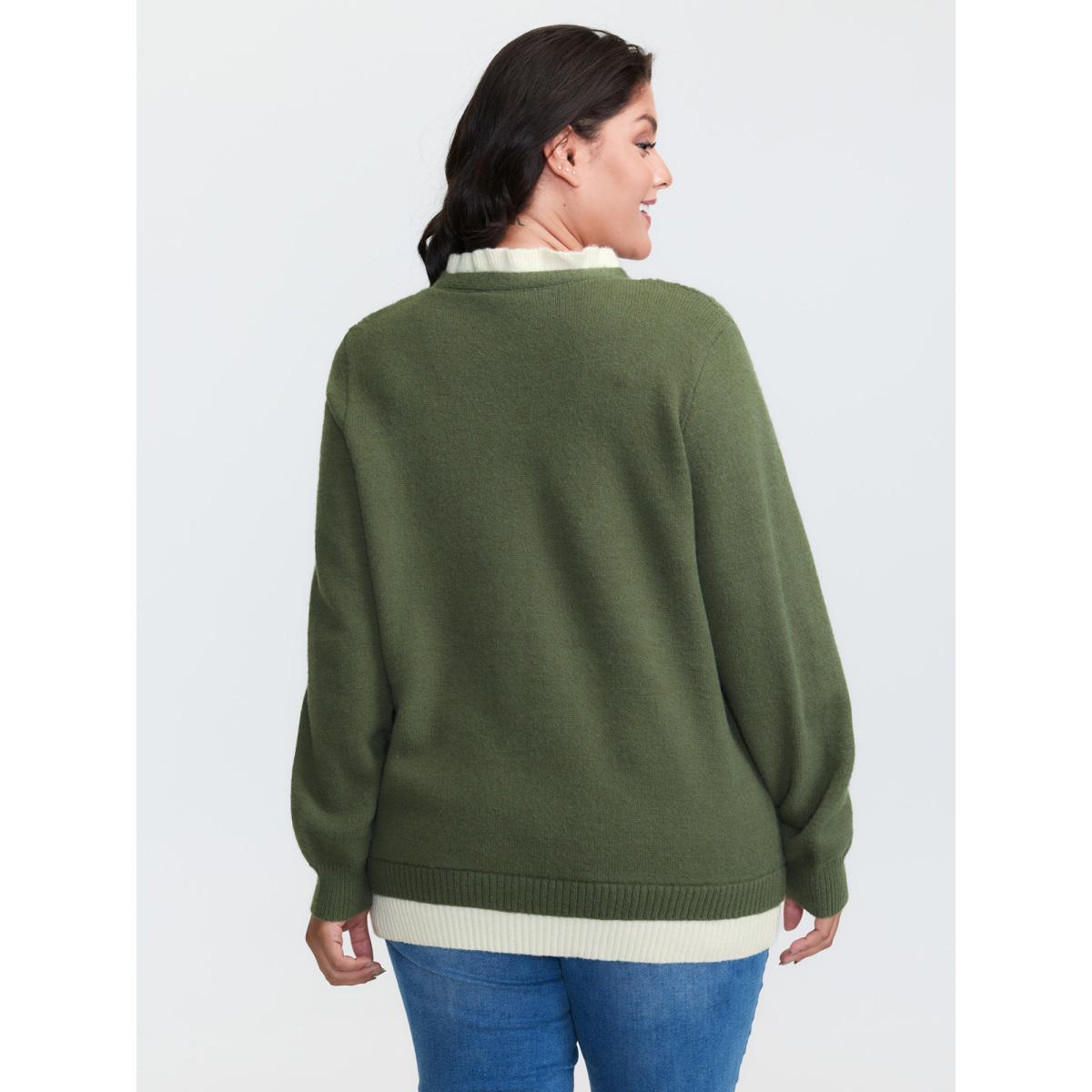 Plus Size 2-in-1 Cableknit Layered Tie Pullover DarkGreen Women Leisure Loose Long Sleeve V-neck Casual Pullovers BloomChic 18-20/2X Product Image