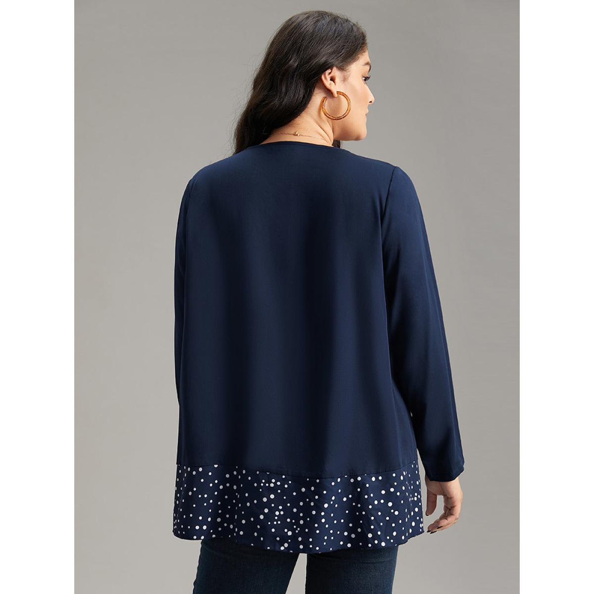 Plus Size Indigo Polka Dot Patchwork Long Sleeve Blouse Women Office Long Sleeve Round Neck Office Blouses BloomChic 30/6X Product Image