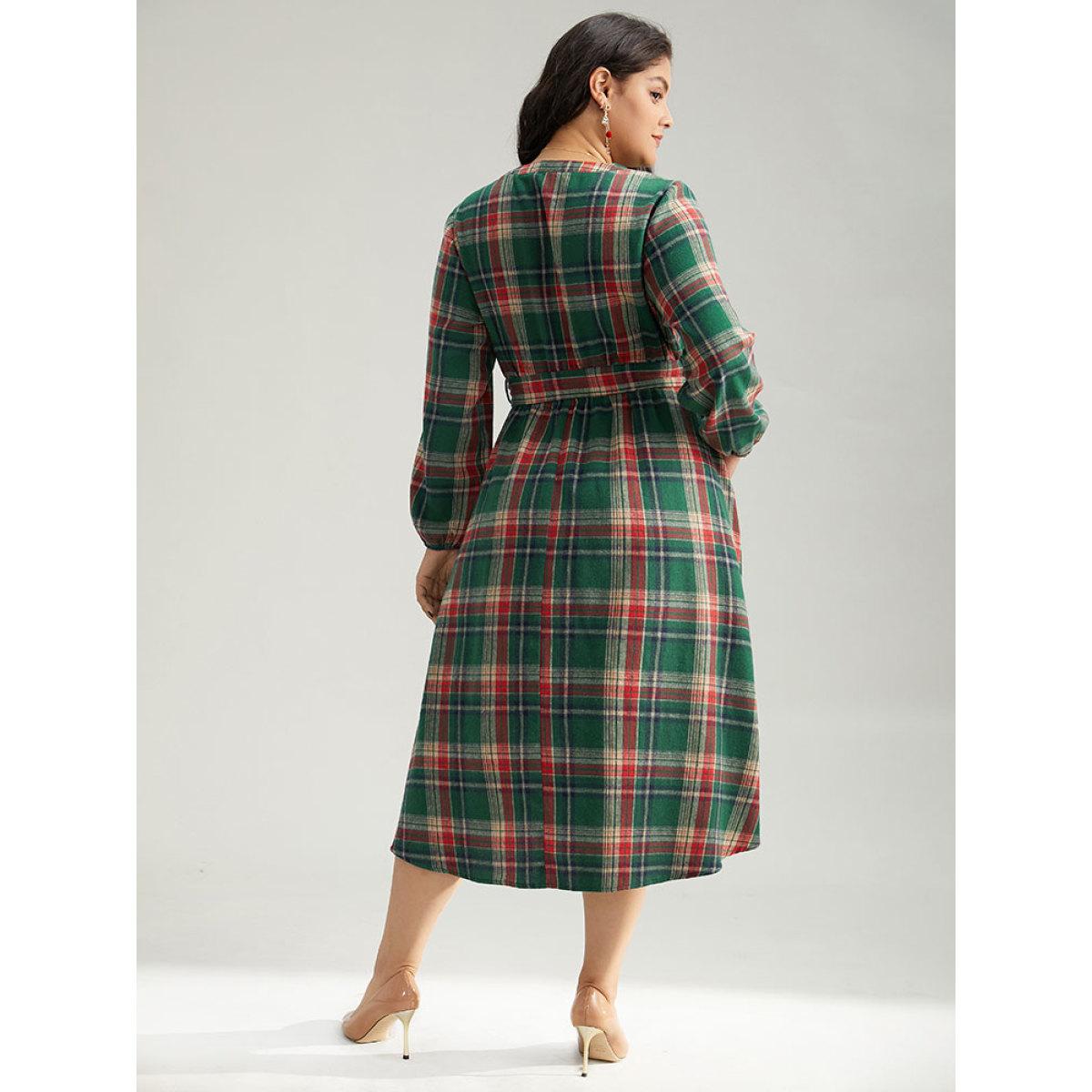 Plus Size Plaid Notched Belted Pocket Curved Hem Dress Emerald Women Office Elastic cuffs Notched collar Long Sleeve Curvy Midi Dress BloomChic 18-20/2X Product Image