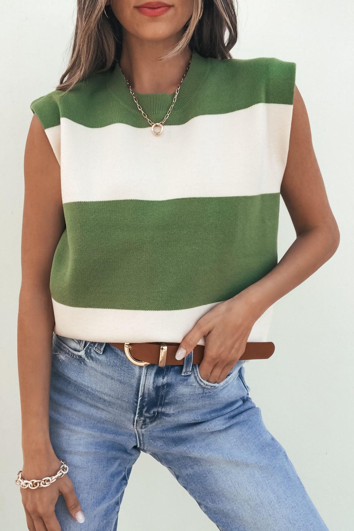 Sleeveless Green and Cream Striped Sweater Product Image