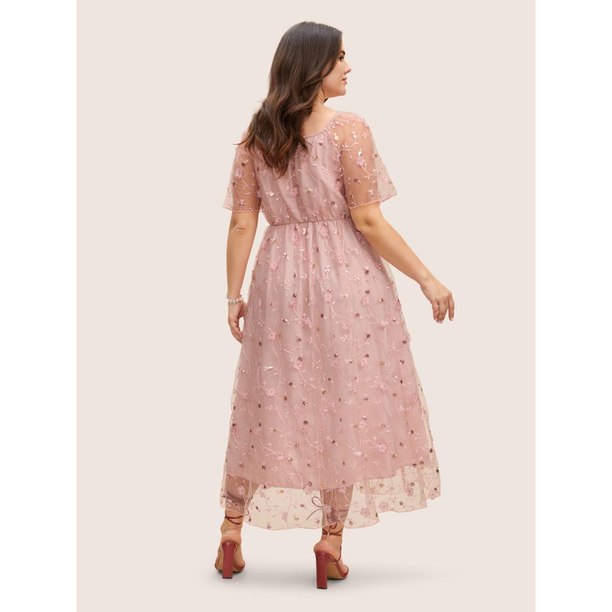 Plus Size Heart Neckline Floral Embroidered Sequin Mesh Dress Watermelon Women Formal Texture Heart neckline Half Sleeve Curvy BloomChic 10/M Product Image