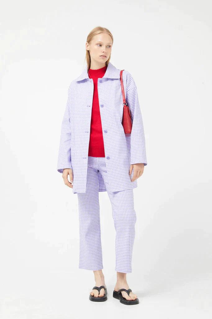 Compania Fantastica Straight lilac gingham check pants & Lilac gingham neoprene trench coat Product Image