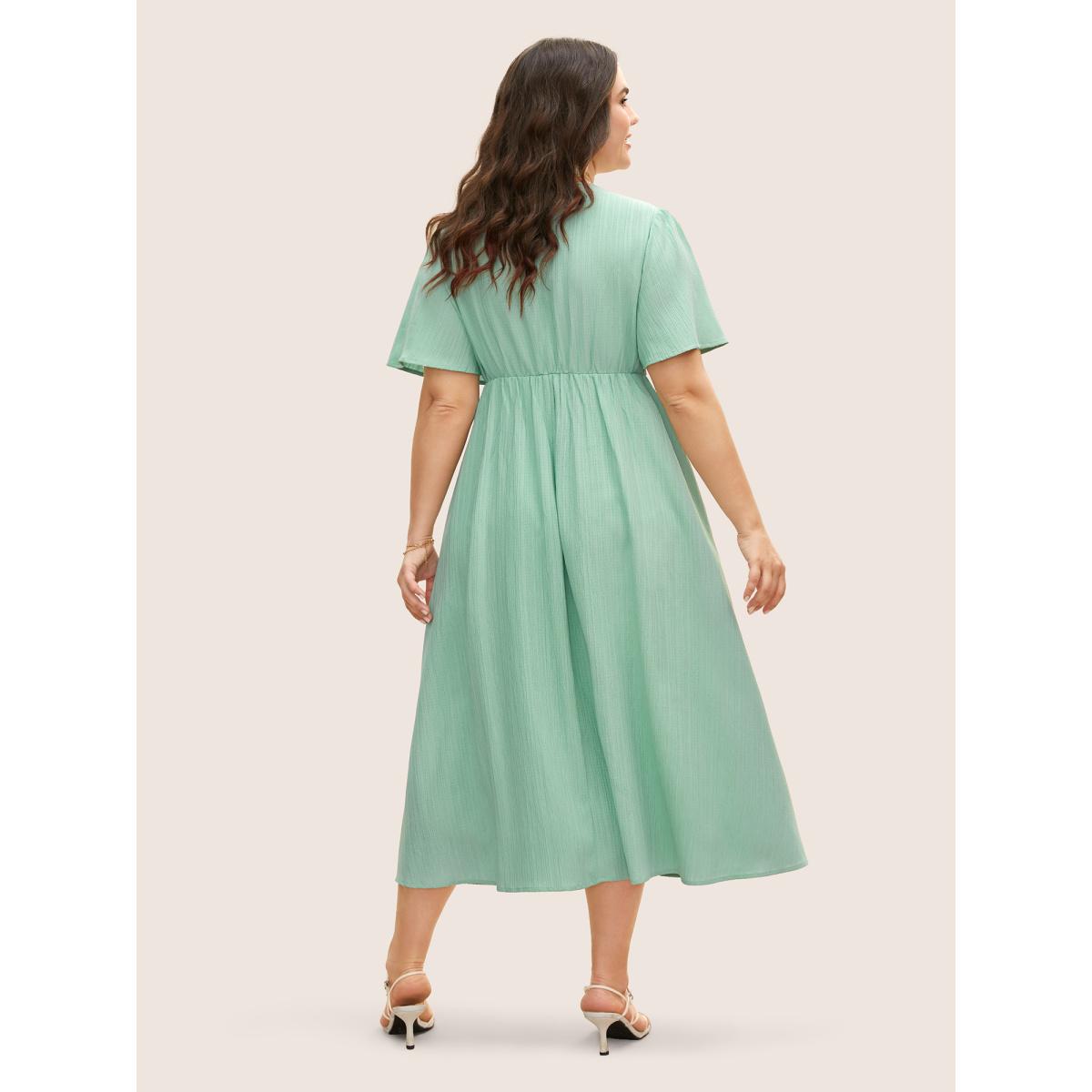 Plus Size V Neck Button Detail Flutter Sleeve Dress Mint Women Elegant Texture V-neck Short sleeve Curvy BloomChic 18-20/2X Product Image