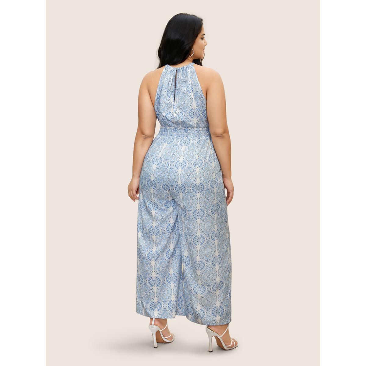 Plus Size LightBlue Halter Boho Print Shirred Gathered Jumpsuit Women Resort Sleeveless Halter neck Vacation Loose Jumpsuits BloomChic 22-24/3X Product Image