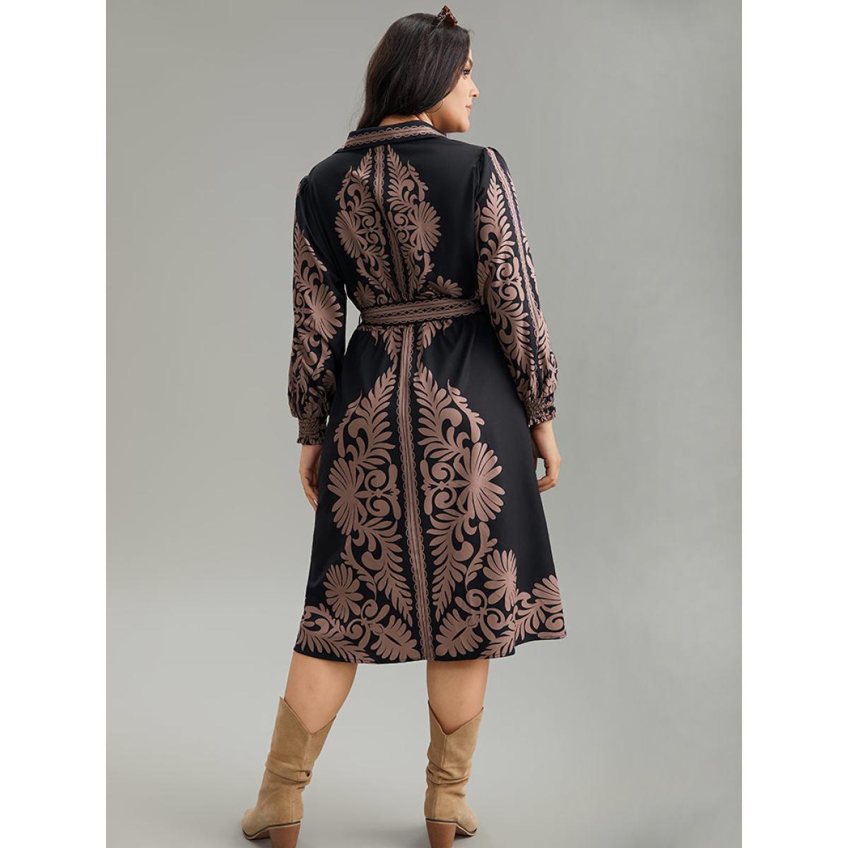 Plus Size Boho Print Shirt Collar Belted Dress Black Women Vacation Belted Shirt collar Long Sleeve Curvy Midi Dress BloomChic 28/5X Product Image