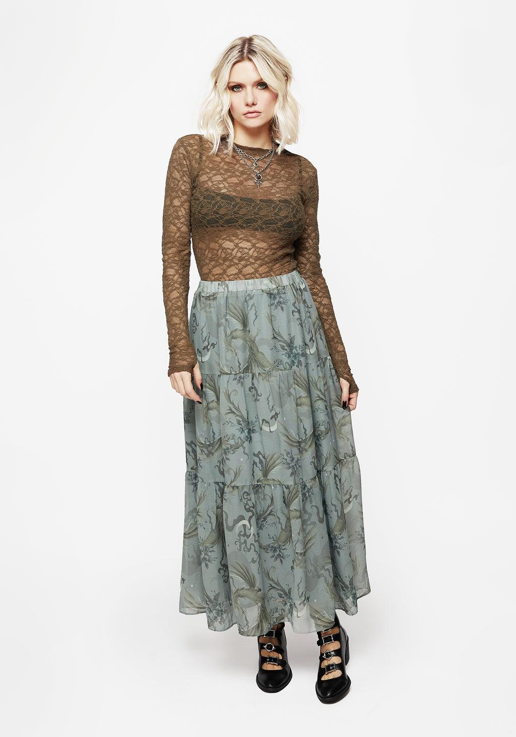 Sapphira Dragon Print Chiffon Tiered Maxi Skirt Product Image