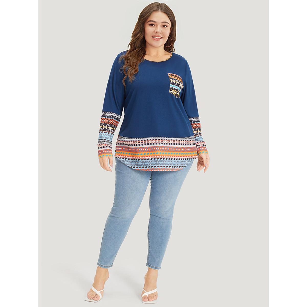 Plus Size Bandana Print Patched Pocket Curved Hem T-shirt Blue Women Elegant Patchwork Bohemian Print Round Neck Dailywear T-shirts BloomChic 28/5X Product Image