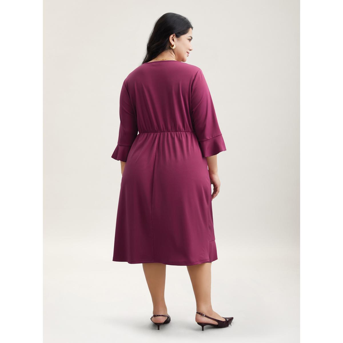 Plus Size Flared V-Neck Fake Wrap Midi Dress Deeppurplered Women Elegant Overlapping Knit Dresses Bloomchic 22-24/3X Product Image