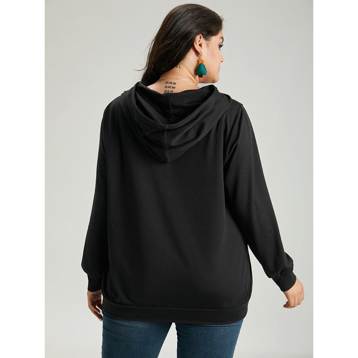 Plus Size Christmas Letter Hooded Drawstring Pocket Sweatshirt Women Black Casual Elastic cuffs Festival-Christmas Sweatshirts BloomChic 28/5X Product Image