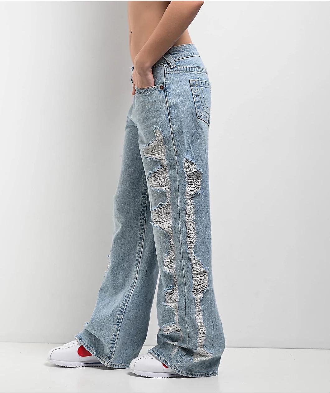 True Religion Bobbi Super Distressed Aqua Marine Mid Rise Baggy Jeans Product Image