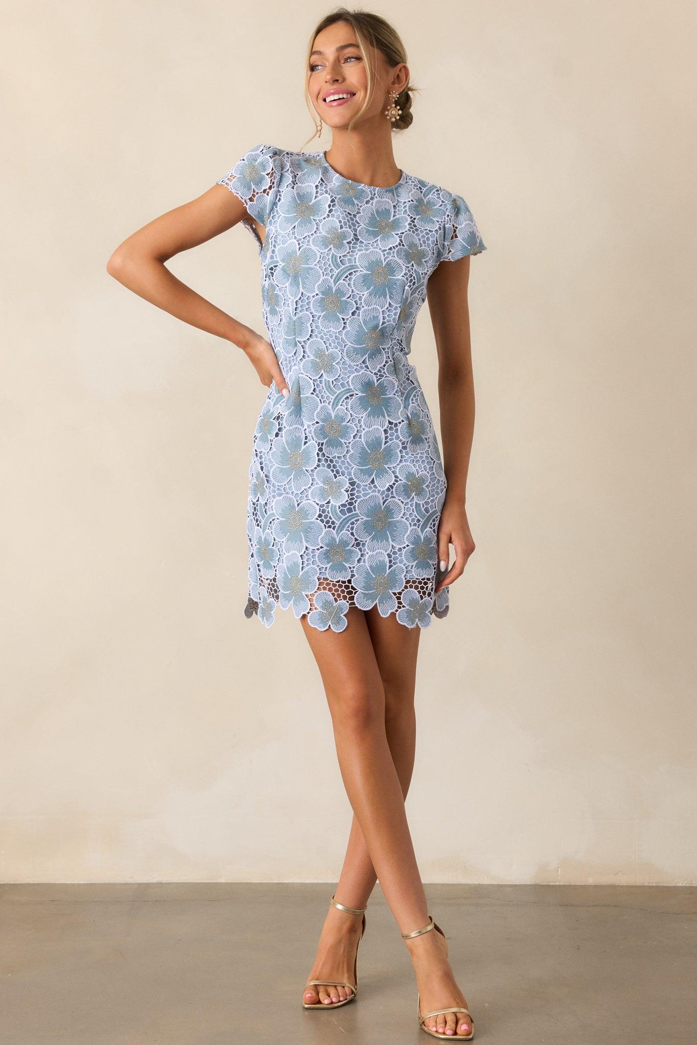 Little Moments Sky Blue Floral Embroidered Mini Dress Product Image