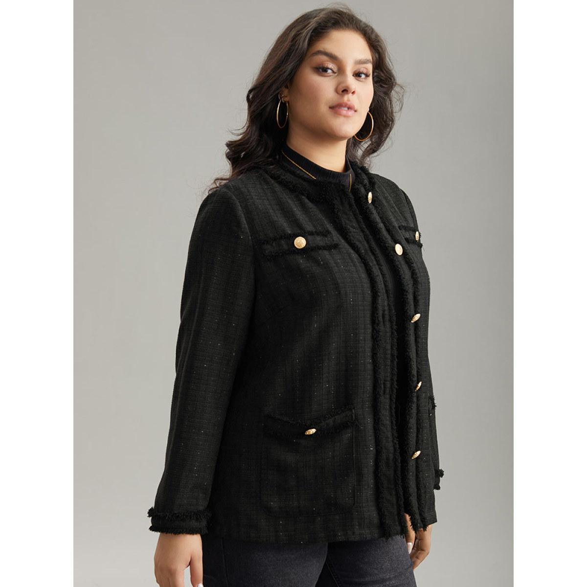 Plus Size Fuzzy Trim Pocket Metal Button Fly Jacket Women Black Casual Plain Ladies Everyday Winter Coats BloomChic 26/4X Product Image