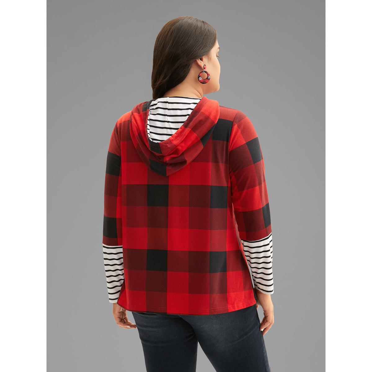 Plus Size Plaid Hooded Drawstring Straight Fit Tee Brightred Women Casual Contrast Hooded Everyday T-shirts BloomChic 10/M Product Image