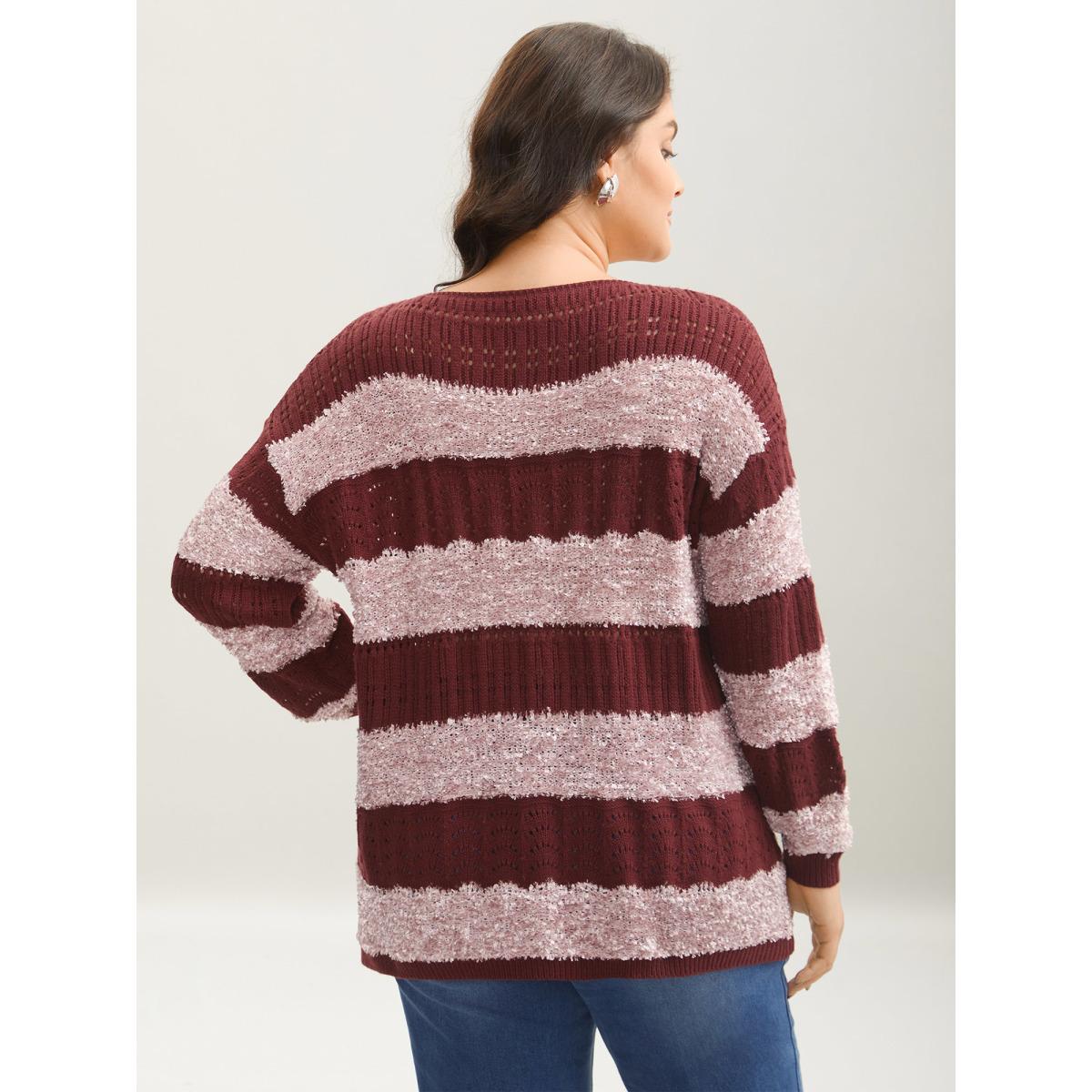 Plus Size Striped Color-Block Textured Pullover Deepred Women Casual Loose Long Sleeve Round Neck Everyday Pullovers BloomChic 26/4X Product Image