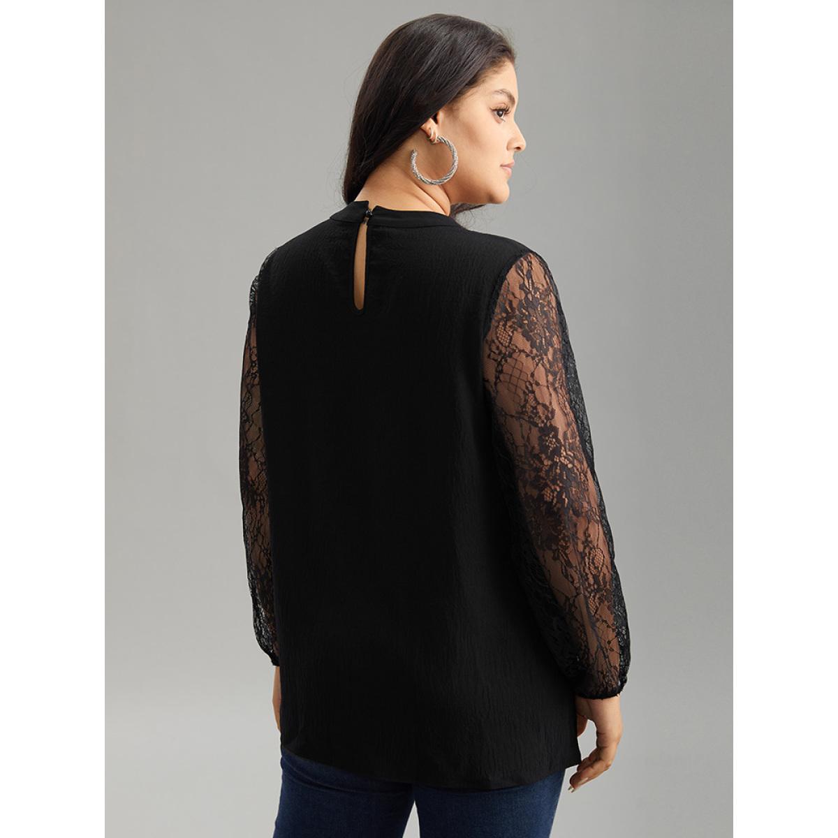 Plus Size Black Halloween Eyelet Lace Cut Out Mesh Blouse Women Elegant Long Sleeve Keyhole Cut-Out Festival-Halloween Blouses BloomChic 28/5X Product Image