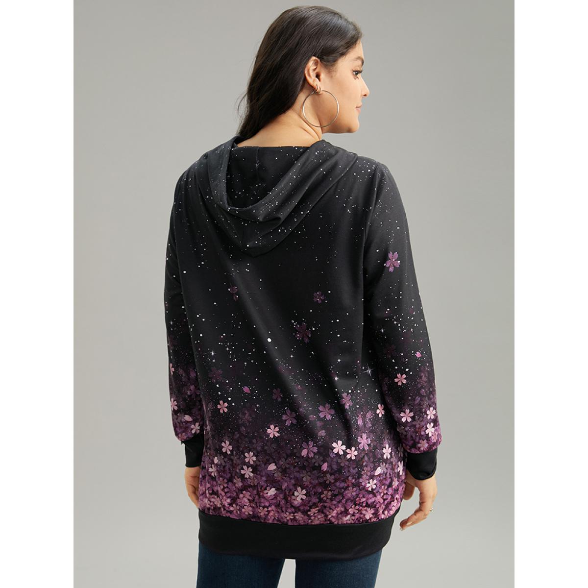 Plus Size Floral Hooded Kangaroo Pocket Sweatshirt Women Black Casual Printed Hooded Dailywear Sweatshirts BloomChic 30/6X Product Image