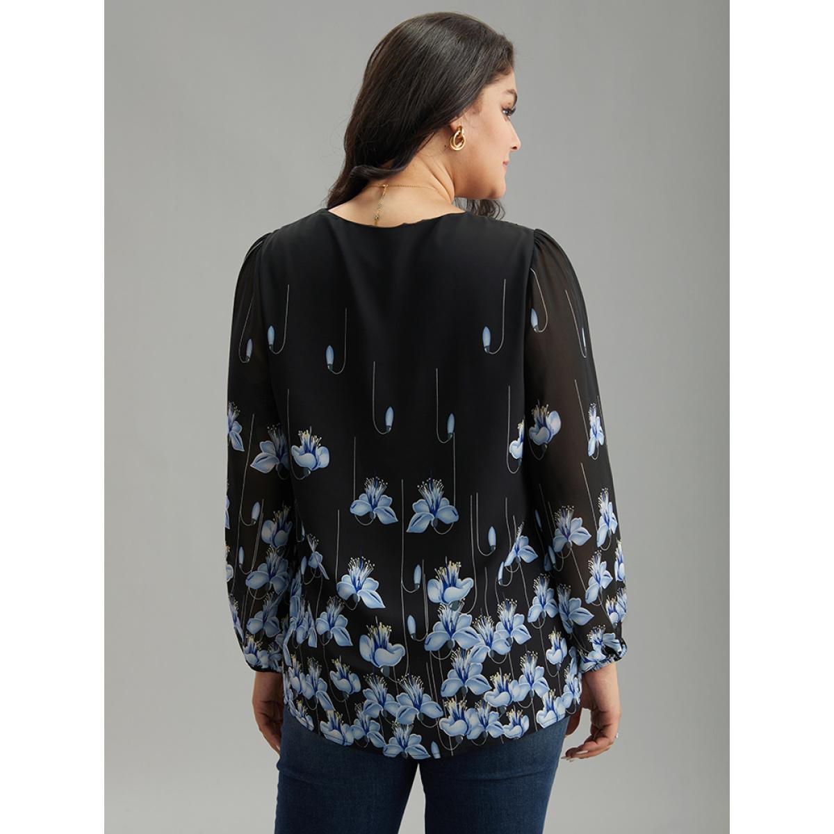 Plus Size BlackFlower Boho Print Lace Patchwork Mesh Button Up Blouse Women Elegant Long Sleeve V-neck Dailywear Blouses BloomChic 10/M Product Image