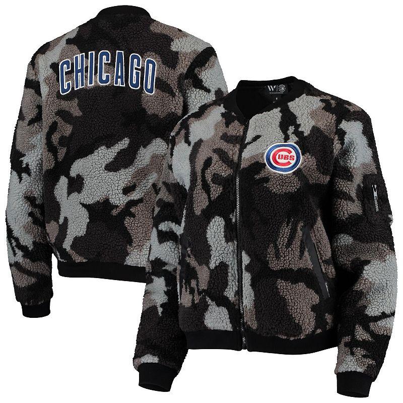 Women's The Wild Collective Black Chicago Cubs Camo Sherpa Full-Zip Bomber Jacket, Size: Medium Product Image