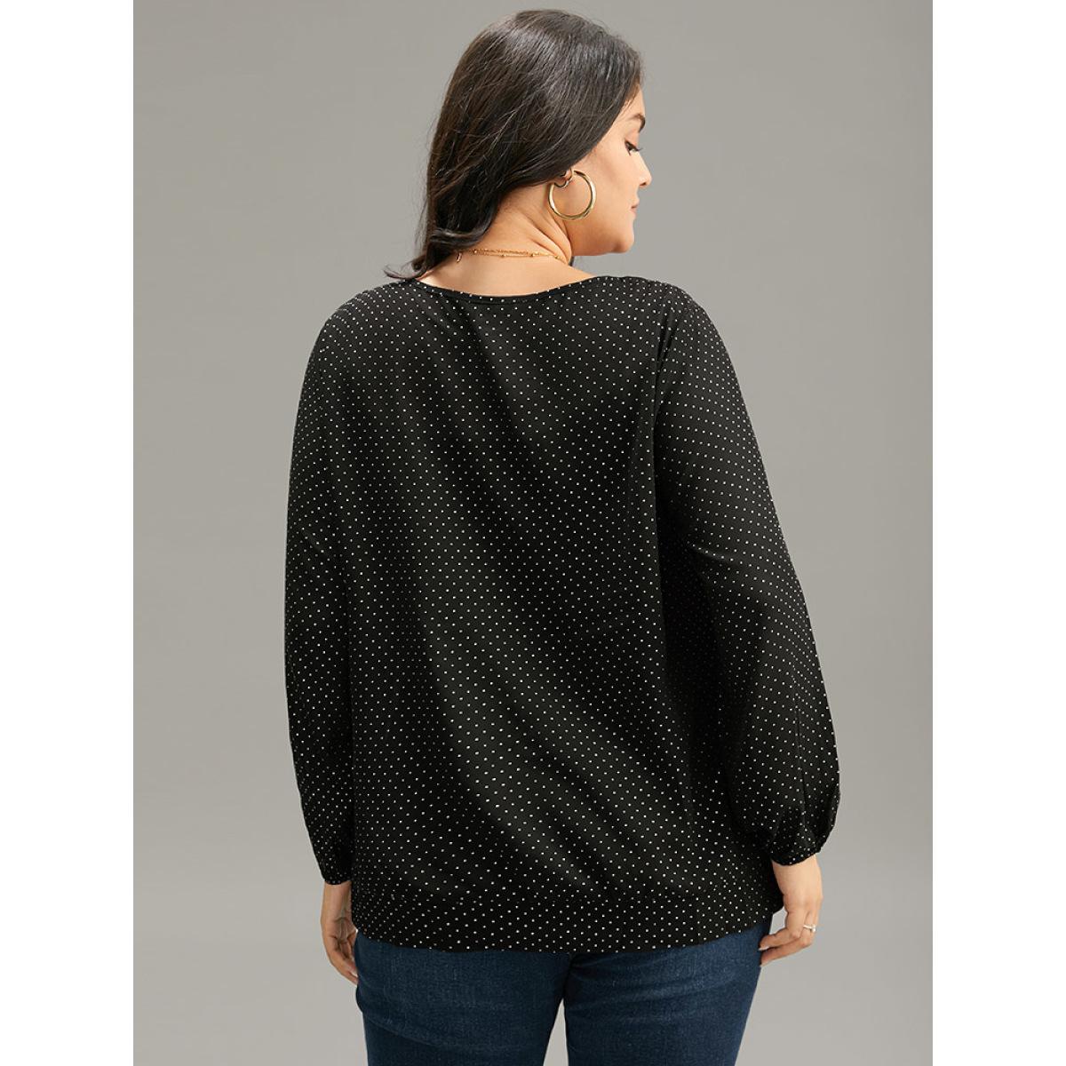 Plus Size BlackFlower Glitter Polka Dot Puff Sleeve Keyhole Blouse Women Elegant Long Sleeve Round Neck Dailywear Blouses BloomChic 18-20/2X Product Image