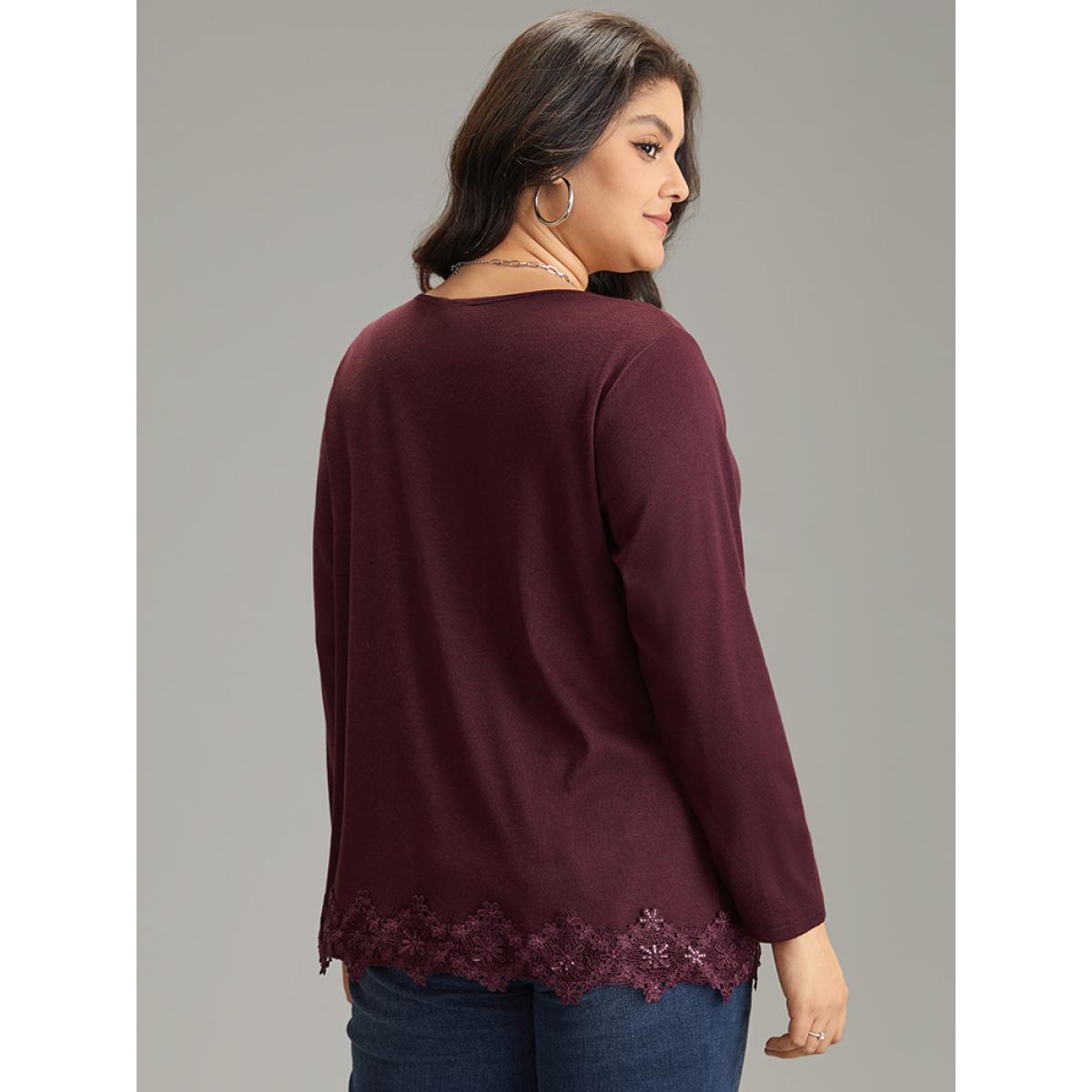 Plus Size Lace Panel Hem Long Sleeve T-shirt Maroon Women Elegant Plain Plain V-neck Dailywear T-shirts BloomChic 18-20/2X Product Image