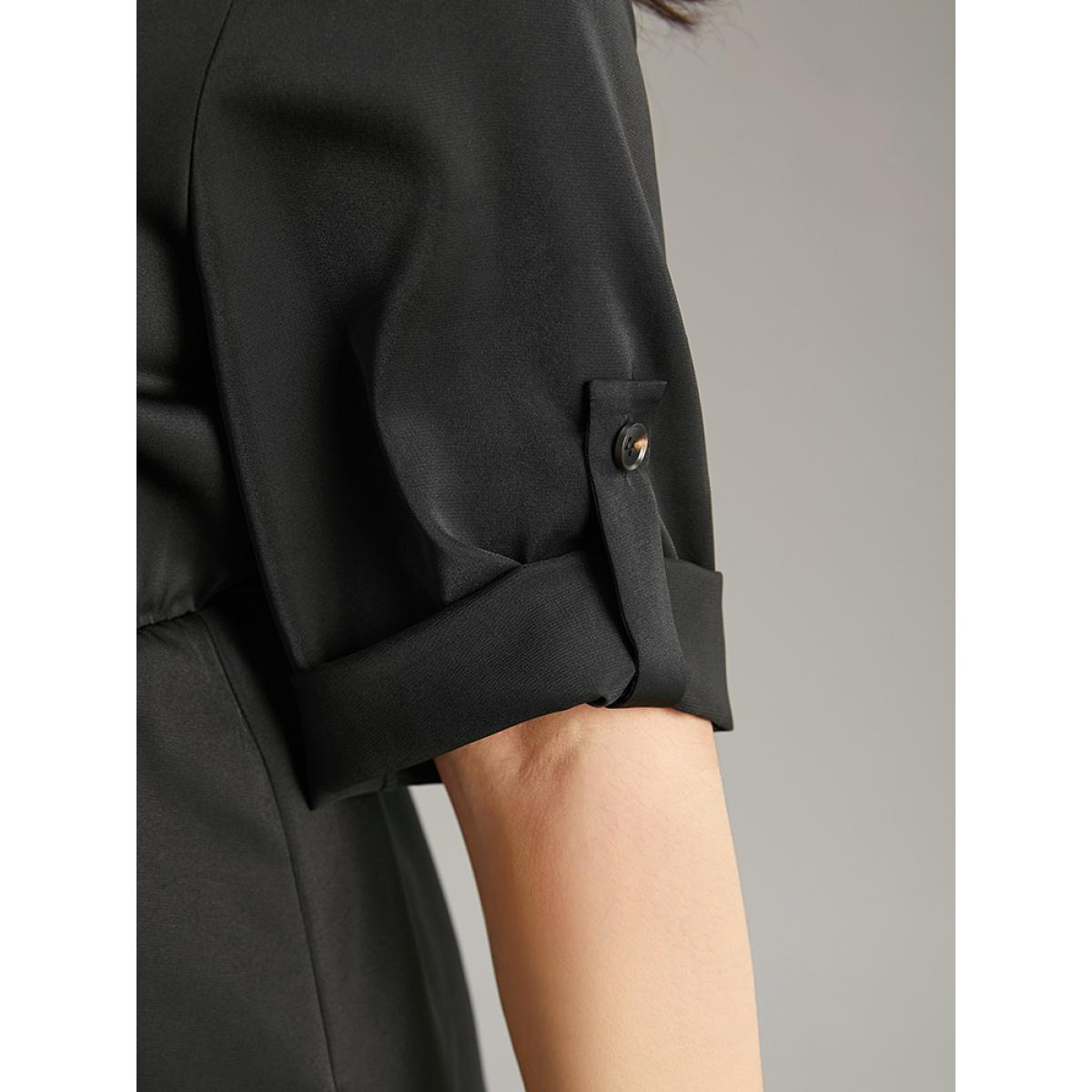 Plus Size Black Contrast Button Detail Tab Sleeve Blouse Women At the Office Elbow-length sleeve V-neck Office Blouses BloomChic 10/M Product Image