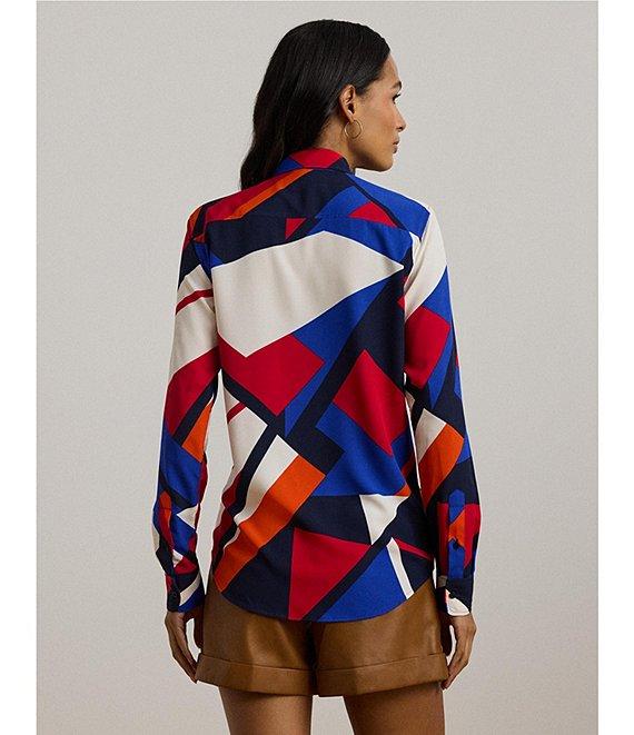 Lauren Ralph Lauren Petite Size Crepe de Chine Abstract Print Point Collar Long Sleeve Button-Front Shirt Product Image